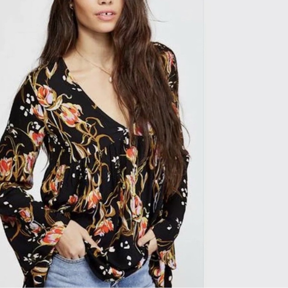 Free People Bella Floral Printed Tunic – Black – Size Small